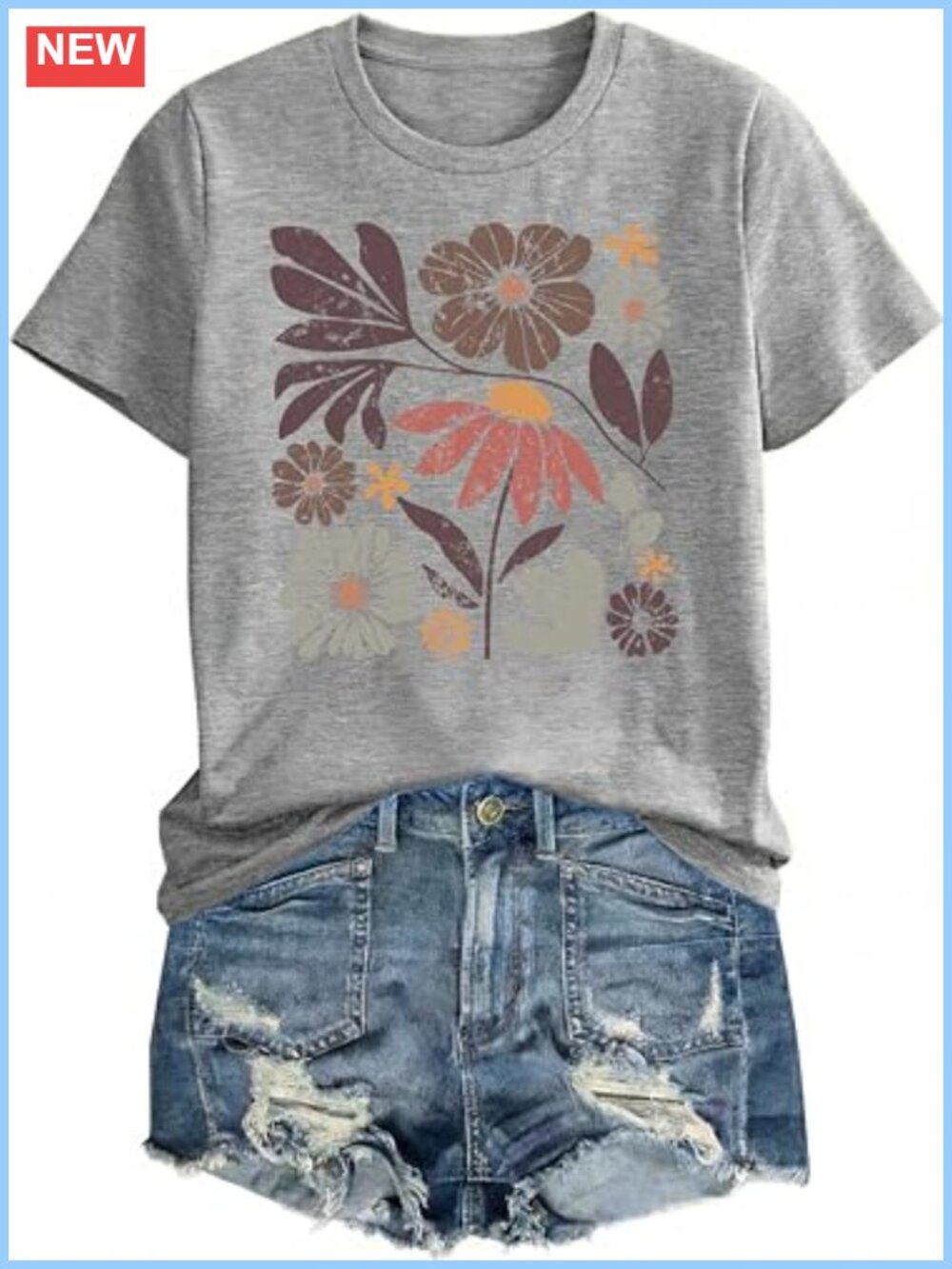 Boho Floral Graphic Tee Women Short Sleeve Round Neck Casual T-Shirt